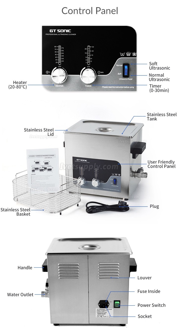 GT SONIC T-Series 2-27L 100-500W Digital Ultrasonic Cleaner with Heating Function